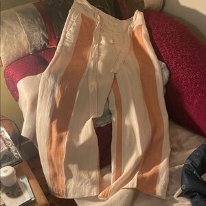 Striped Linen Wide-Leg Pants in Cream and Orange
